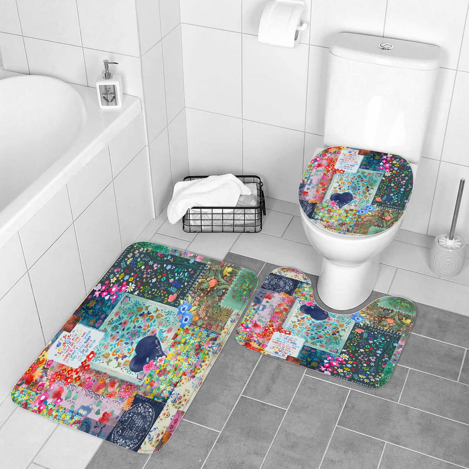 LVRLVR 1/4 Colorful Floral Patchwork & Kindness Affirmation Fabric Shower Curtain Rug Set - Bohemia Flower Bath Mat Bathroom Decoration,Multicolor, 70.8" × 70.8"