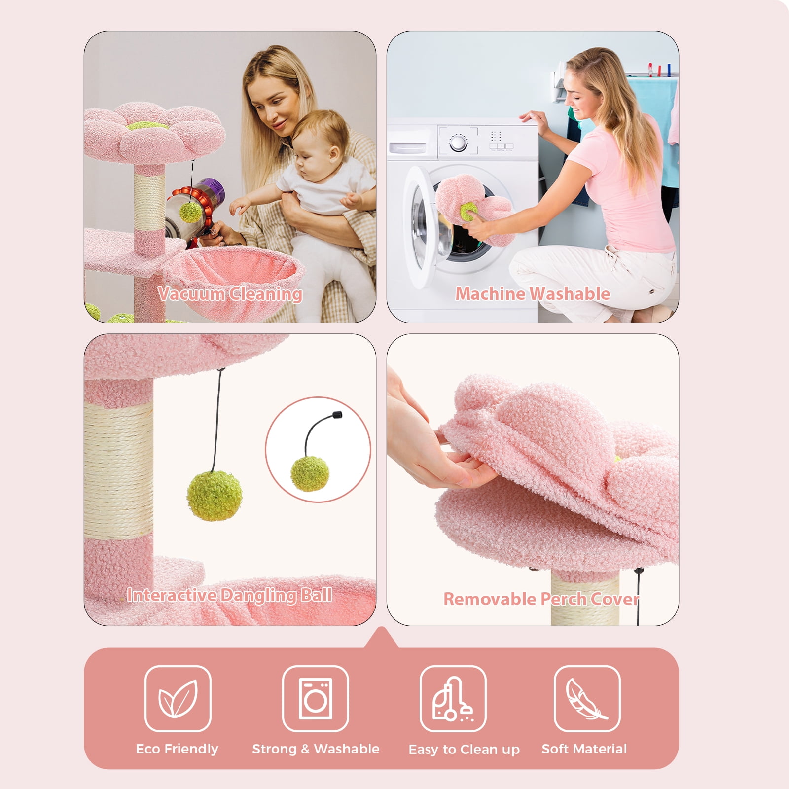 Pefilos 32" Cat Tree Tower, Cute Cat Condo with Sisal Scratching Ramp, Cozy Hammock and Removable Top Bed Perch for Indoor Kittens, Pink