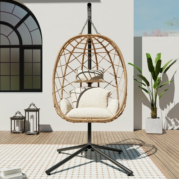 SWITTE Egg Chair with Stand , PE Wicker Hanging Outdoor Egg Chair with Metal Frame, Beige