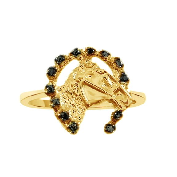 AFFY Black Natural Diamond Accent Horse Ring In 14k Yellow Gold Over Sterling Silver (0.02 Cttw)