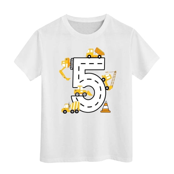 Huowey Kids Shirt 5Th Birthday Short Sleeve Excavator Graphic Shirt Boy Third Outfit Toddler Gift Baby Tshirt Party Shirts T-Shirts Tops,White,6-7 Years