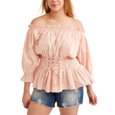 Poof! Juniors' Plus Corset Tie Front Blouse