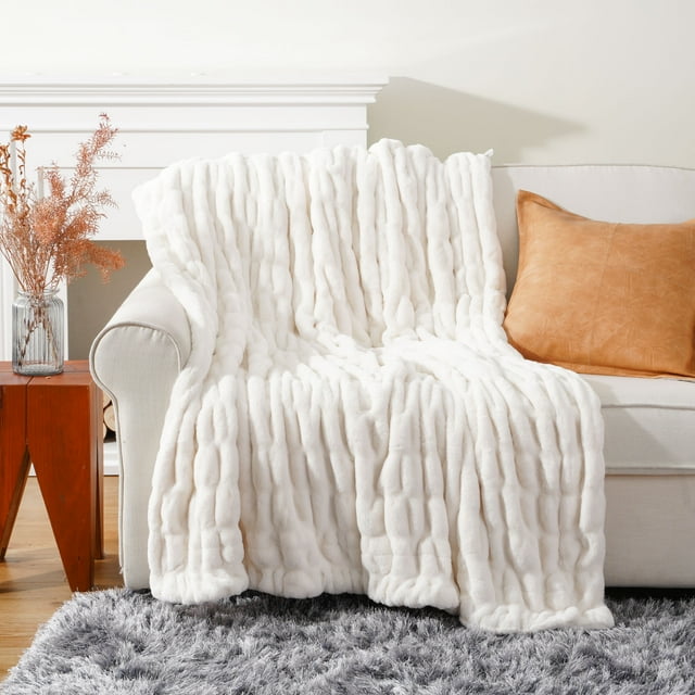 Battilo Fuzzy Faux Fur Throw Blanket, Soft Warm Reversible Rabbit Fur Blanket for Bed Couch, Cream Ivory Throw Blanket for Fall Winter and Spring, 50x60 Inches