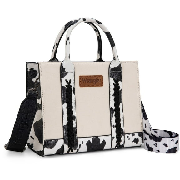 Wrangler Medium Tote Bag for Women Canvas Structured Satchel Purse with Braided Straps Top-handle Handbag with Zipper Pocket, COW-Black