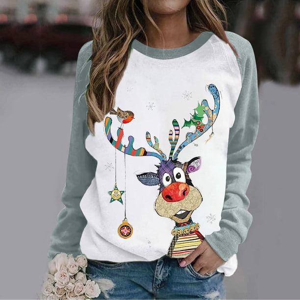 Pntutb Mujer Cuello Redondo Moda Casual Manga Larga Estampado Navideño Sudadera tops Blusa Pntutb Pntutb-1531