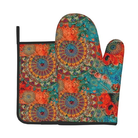 

Vsdgher Mandala Colorful Oven Mitts and Pot Holders 2 pcs Set High Heat Resistant Kitchen Oven Glove for Baking and Cooking