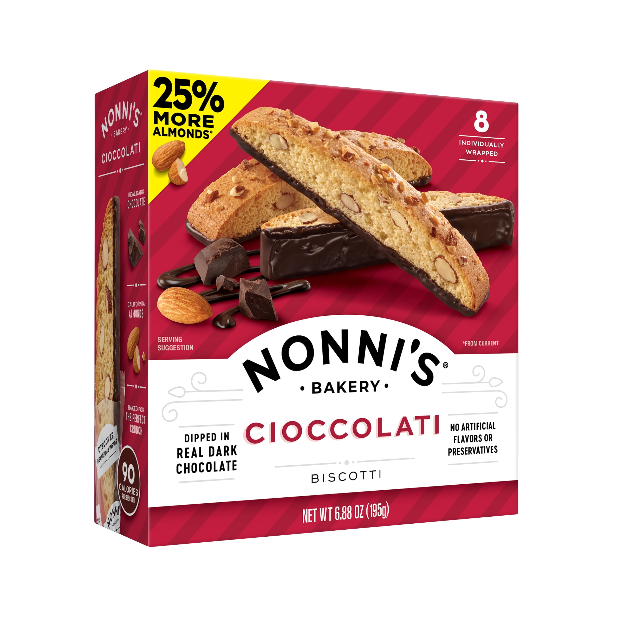(6 pack) Nonni's Bakery, Cioccolati Almond Biscotti, Individually Wrapped, 6.88 oz, 8 Count