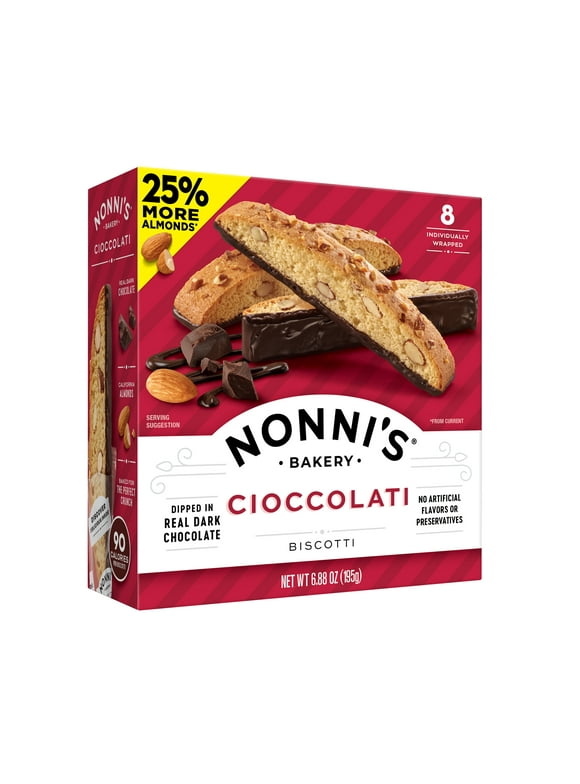 Nonni's, Cioccolati Biscotti, Dark Chocolate Almond Cookie, 6.8 oz (195g), 8 Count, Individually Wrapped and Ready to Eat