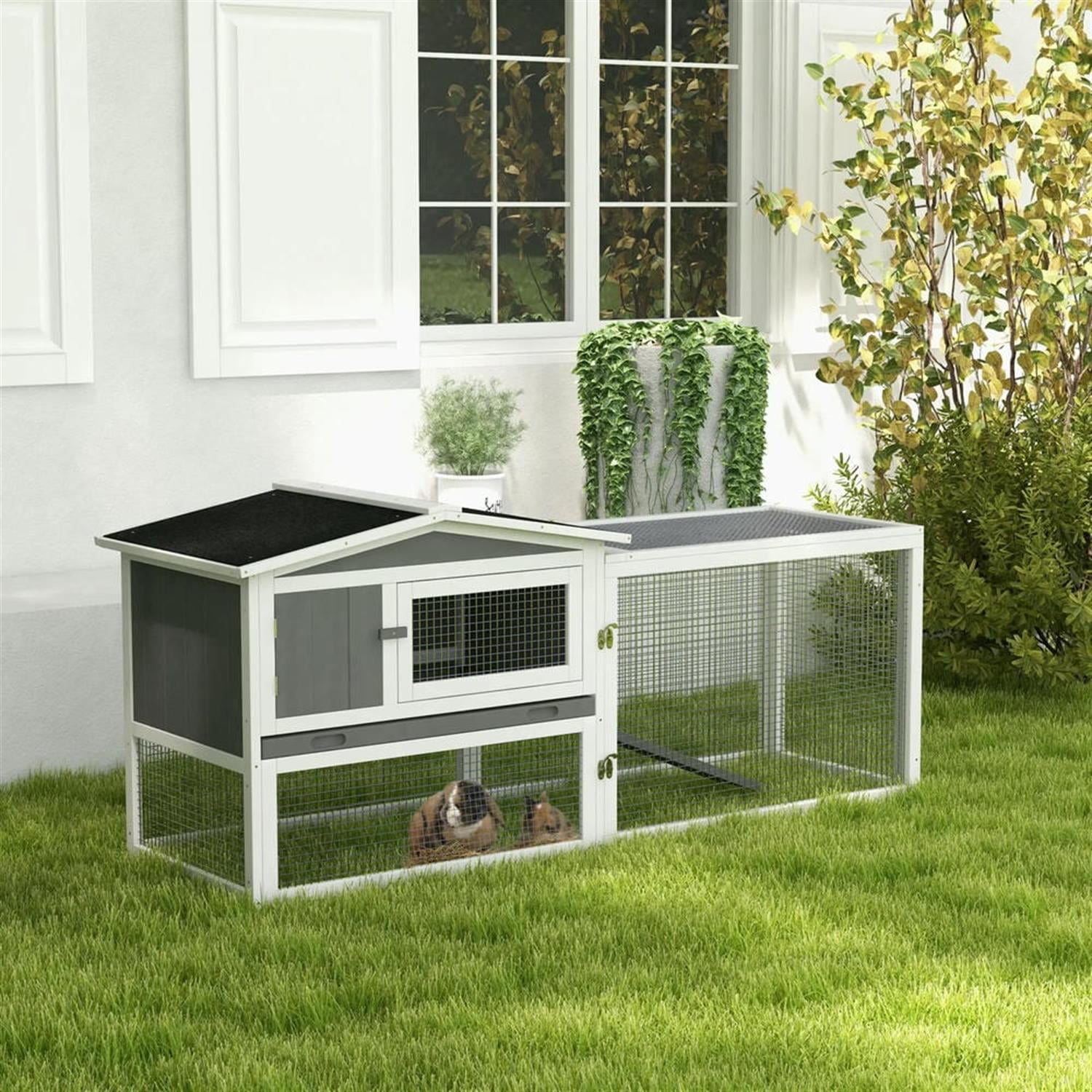 Kadyn 61" 2-Story Wooden Rabbit Hutch with Slide-out Tray, Outdoor Small Animal Habitat Enclosure Bunny Cage for Bunnies, Guinea Pigs, Gray