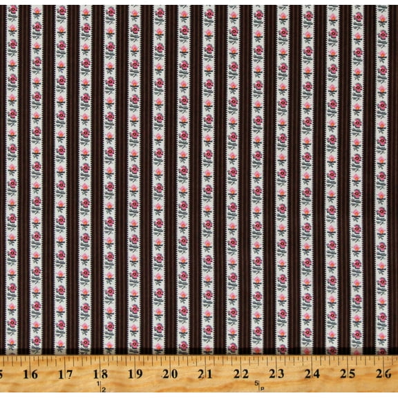 Cotton Floral Stripes Flowers Pink Cream Brown Petite Perennials Annette Plog Cotton Fabric Print by the Yard (52532-3)