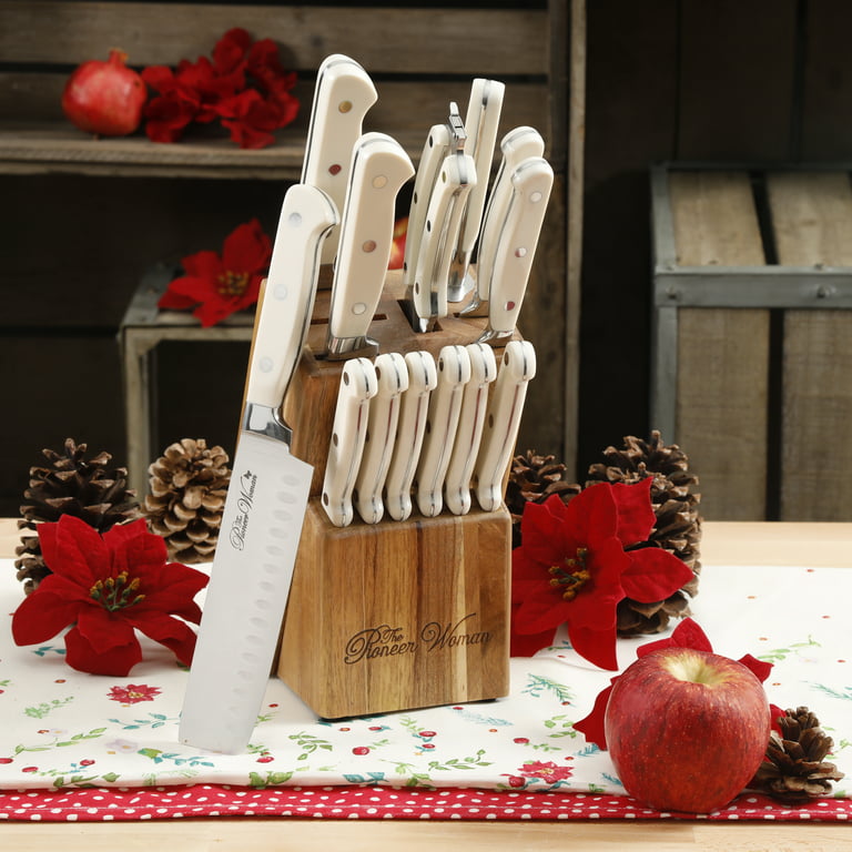 The Pioneer Woman Frontier Collection 14-Piece Cutlery Set with Wood Block,  Linen 