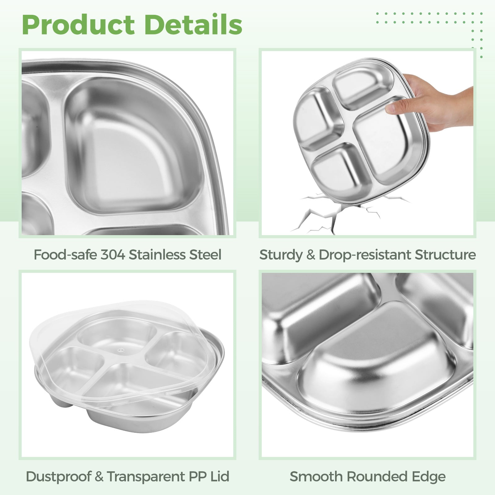 6PCS Stainless Steel Snack Containers, 4-compartment Bento Boxes with Lids & Forks, Deep Large Metal Lunch Trays, Stackable Divided Lunch Containers for Home, Office, Travel