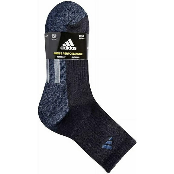 adidas Mens 4 Pair Performance High Quarter Socks size 6-12 in Navy, White, Black, & Grey, Multi-Pack