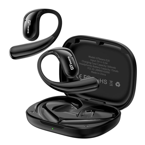 GTbeans E20 Open-Ear Earphones OWS Ear Hooks Wireless Bluetooth 6.0 Headphones IP55 Waterproof 56 Hrs Playtime 4 Mic Clear Call Sports Earbuds, Black