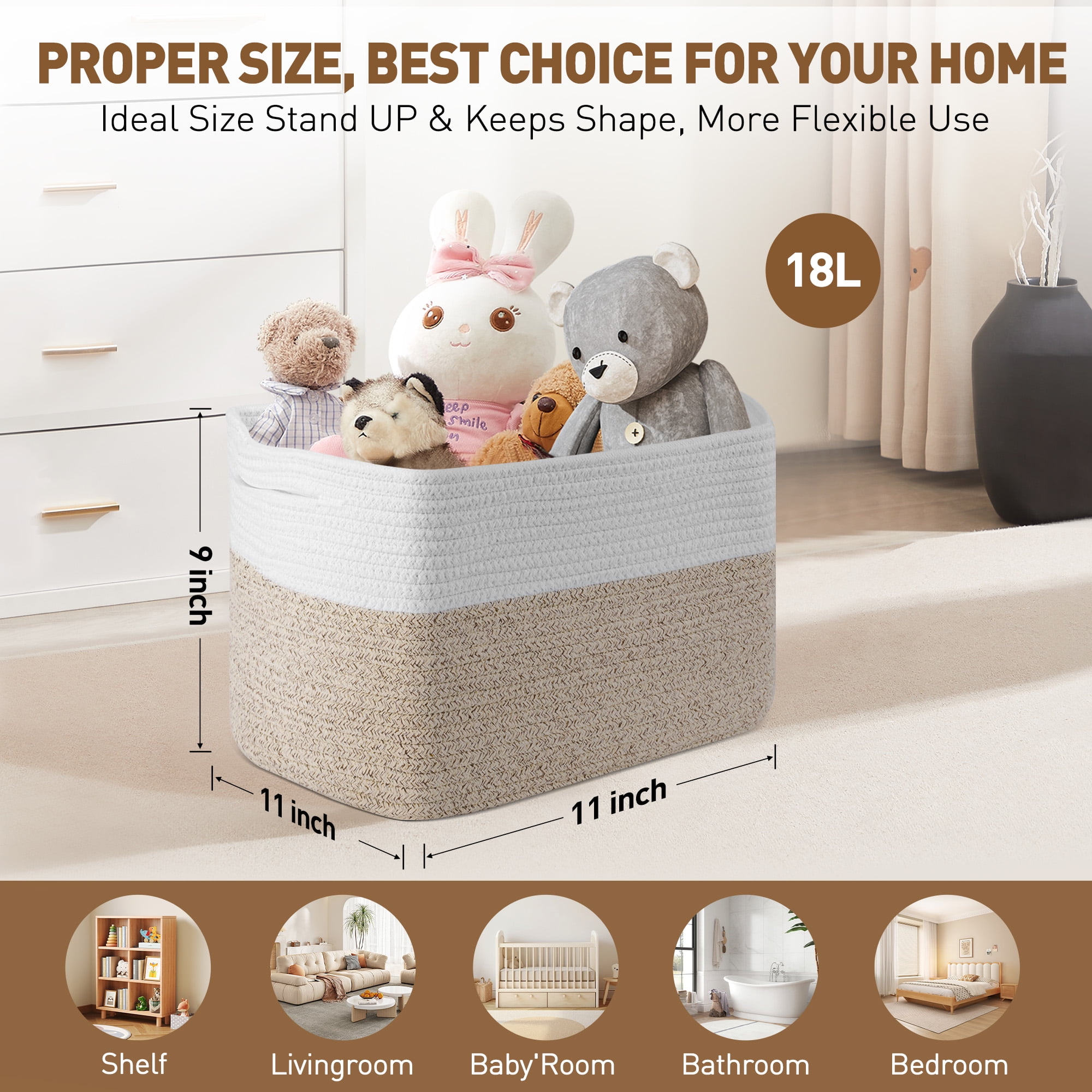 3 Pack Storage Basket, 11”x11”x9” (18L)Rectangle Woven Baskets for Storage, Cotton Rope Basket for toys, Towel Baskets, Closet Organizer Bins Shelves Organizer, Decorative Basket(Brown&White)
