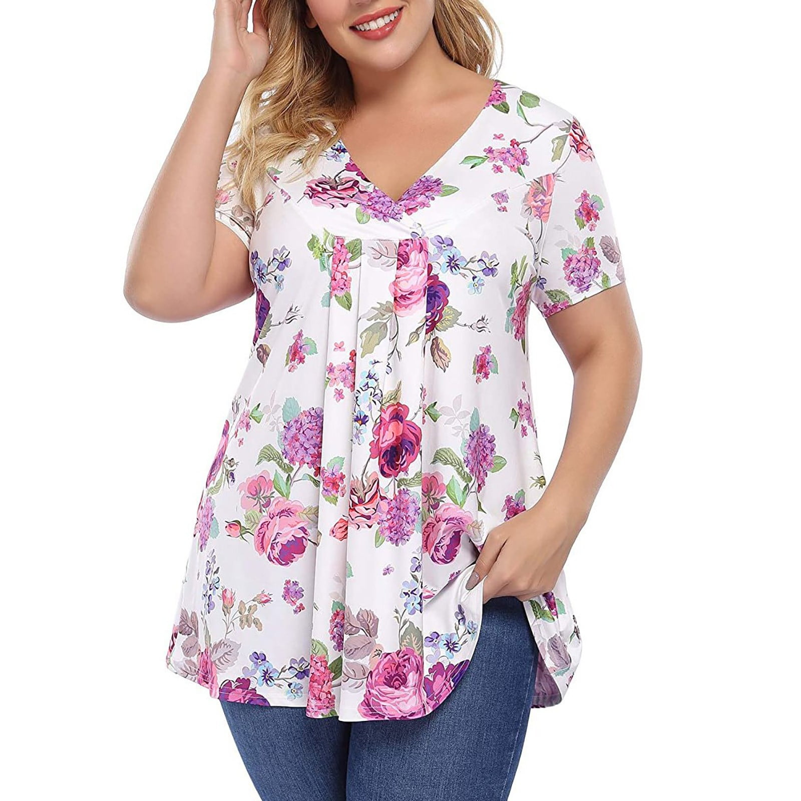 Jsaierl Women's Plus Size Floral Print Chiffon Tunics Summer Short