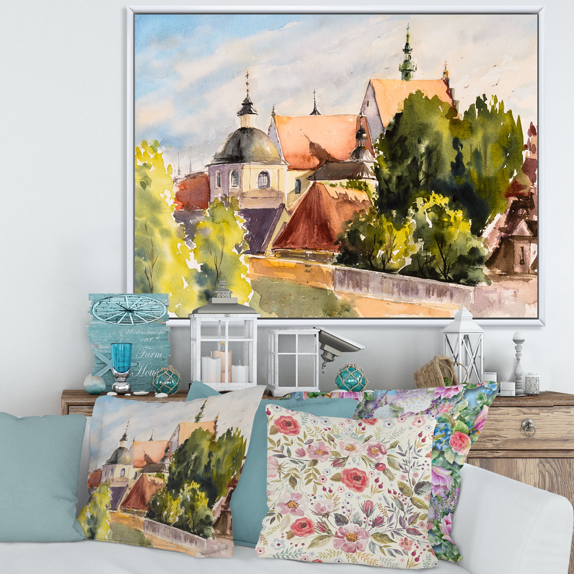 Designart 'View of Old Polish City Buildings In Nature' Traditional Framed Canvas Wall Art Print