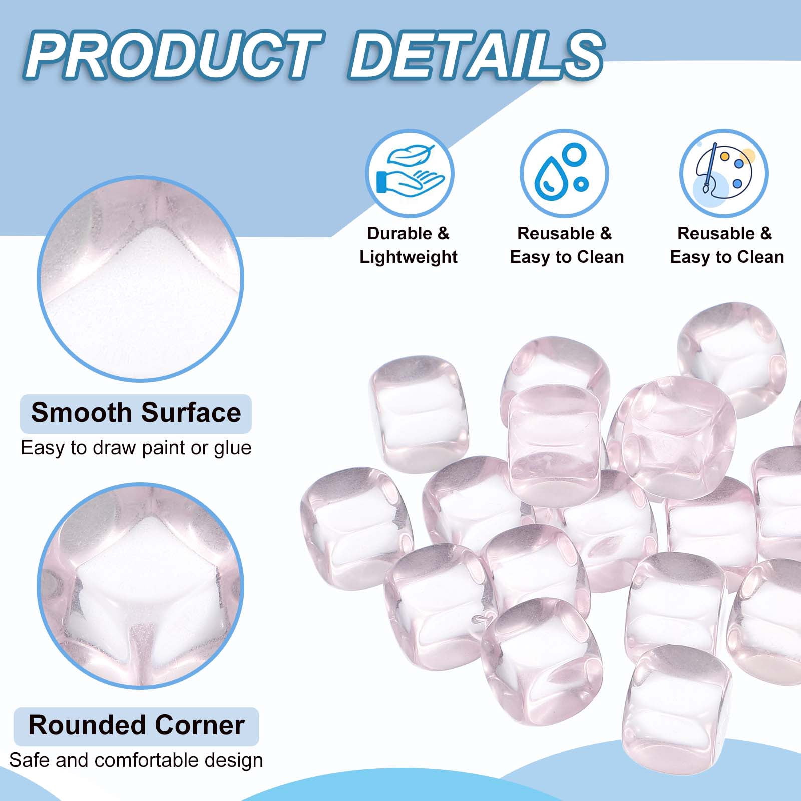 16 mm Clear Acrylic Dice Blank, 100 Pcs Rounded Corner Blank Dice with Smoothed Surface Six Sided for Board, Pink