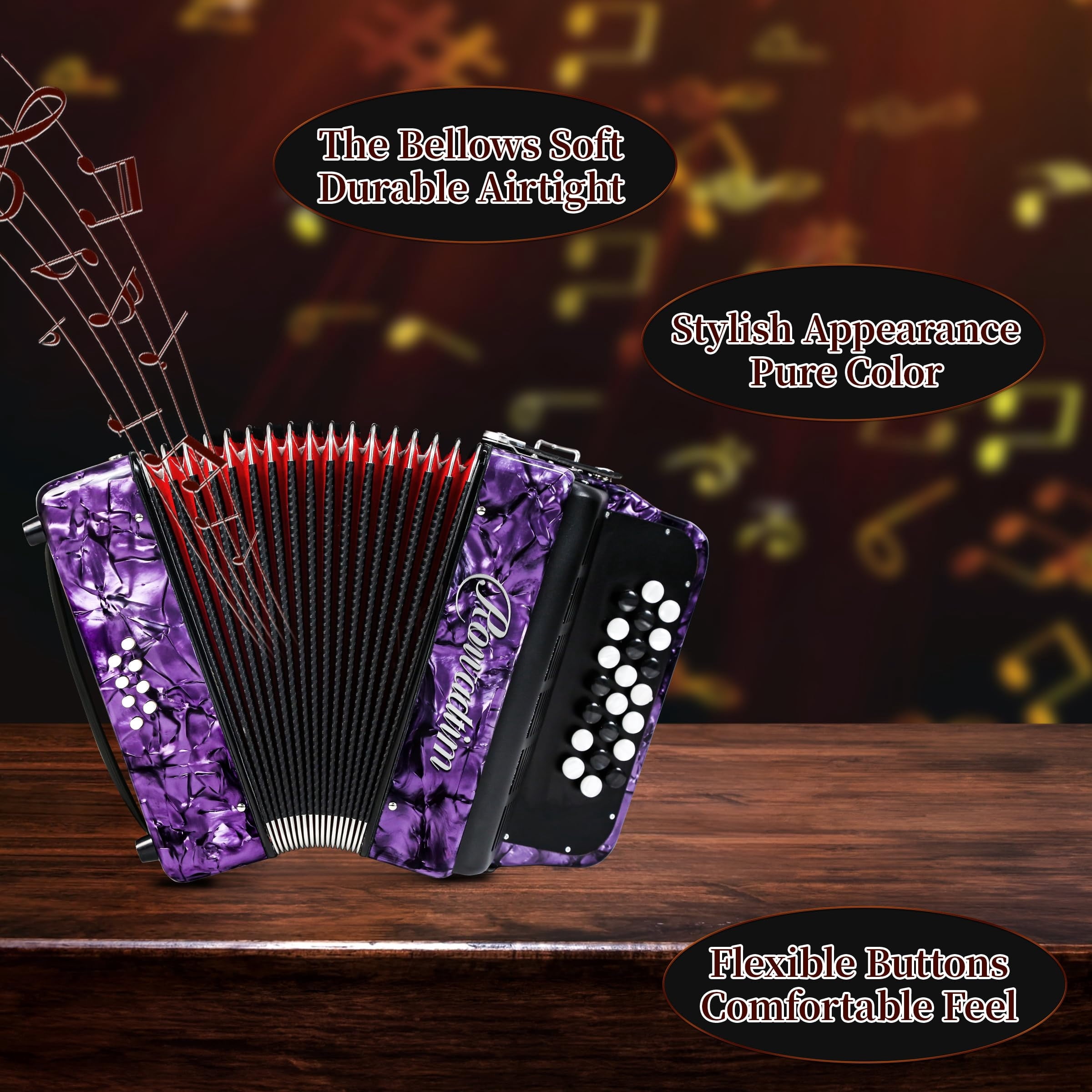 Rowadtim 22 Keys Accordion, 8 Bass Student Piano Accordions Suitable for Beginners and Students; Lightweight and Portable, with  Backpack and Adjustable Straps ( Purple)