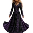 thumbnail image 2 of Wovilon Women's Halloween Dress Gothic Floral Bat Print V Neck Long Sleeve Flare Silhouette Maxi Dress Pull On Stretch Vintage Fall Party Costume, 2 of 4