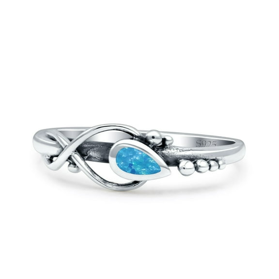 Celtic Infinity Pear Fashion Lab-Created Blue Opal Ring Band 925 Sterling Silver Size 4