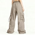 thumbnail image 4 of Parachute Cargo Pants Women Baggy Quick Dry Wide Leg Hiking Pants Pull-on High Waist Hip Hop Pant with Multi Pockets Khaki 2XL, 4 of 5