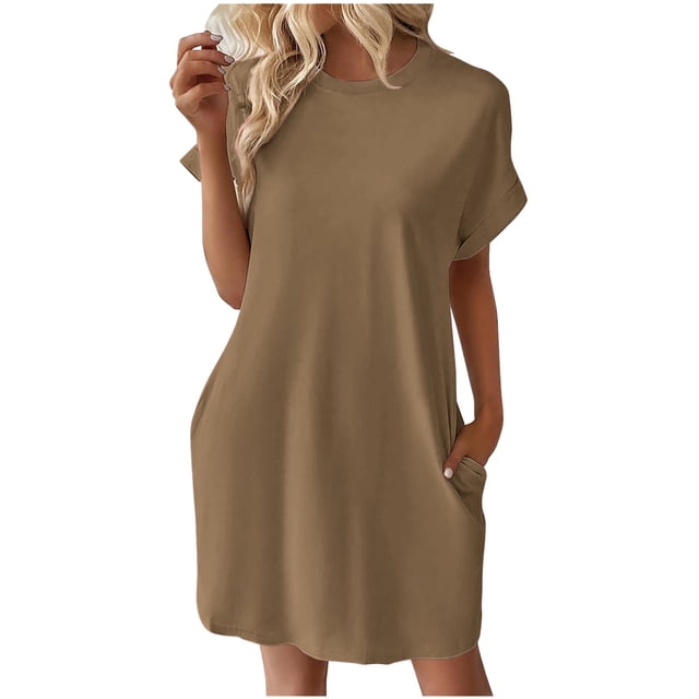 Pisexur Robe à Manches Courtes Col Rond Mode Femme Été Décontracté Uni Col Rond Sans Manches avec Poches Robe Femme
