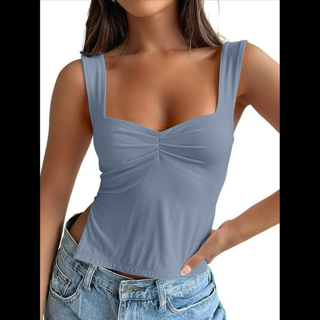 Tops Cortos para Salir de Mujer, Camisetas Sin Espalda, Ropa Básica de Verano Y2K para Adolescentes, Ropa , Azul M