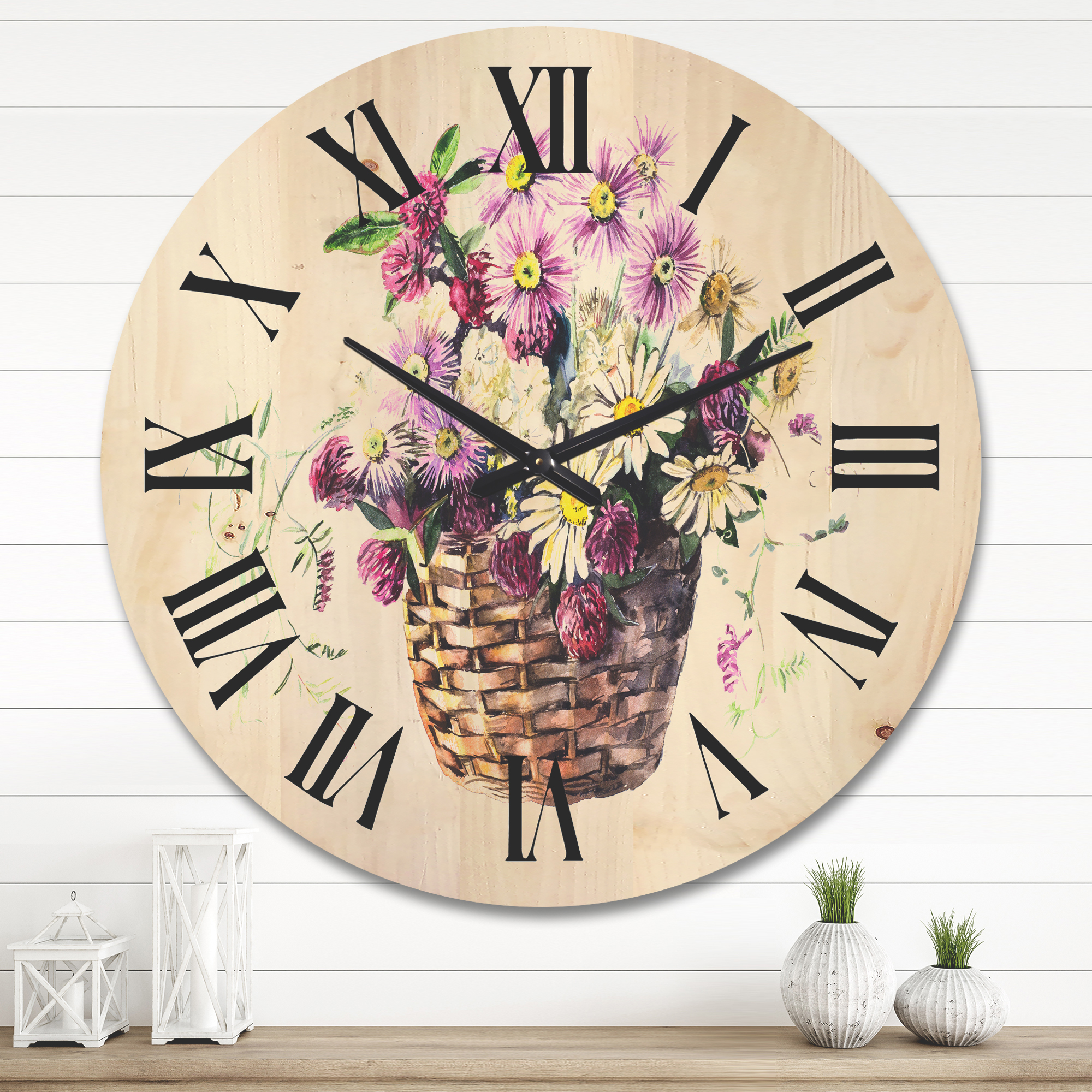 Designart 'The Basket Bouquet From Meadow Flowers' Traditional Wood Wall Clock