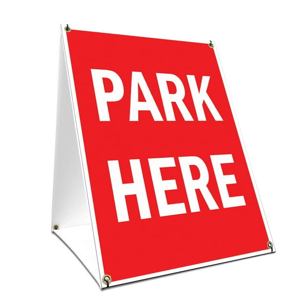 A-frame Sidewalk Park Here Sign With Graphics On Each Side | 18" X 24" Print Size