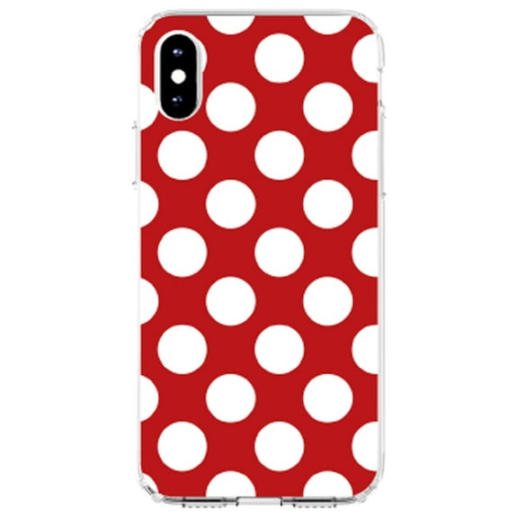DistinctInk Clear Shockproof Hybrid Case for iPhone XR (6.1" Screen) - TPU Bumper, Acrylic Back, Tempered Glass Screen Protector - White & Red Polka Dots