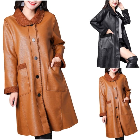 Miluxas Classic Button Lambskin Leather Blazer Women - Casual Coat Long Sleeves Loose Style Leather Jacket Women Khaki XL(XL)
