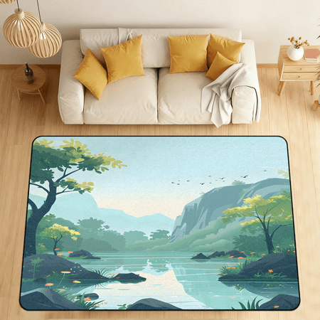 CURLYOOT Mountain and Lake Area Rugs 5 x7  Washable Rug Large Living Room Rug Non Slip Indoor Floor Carpet for Dining Room Bedroom Home