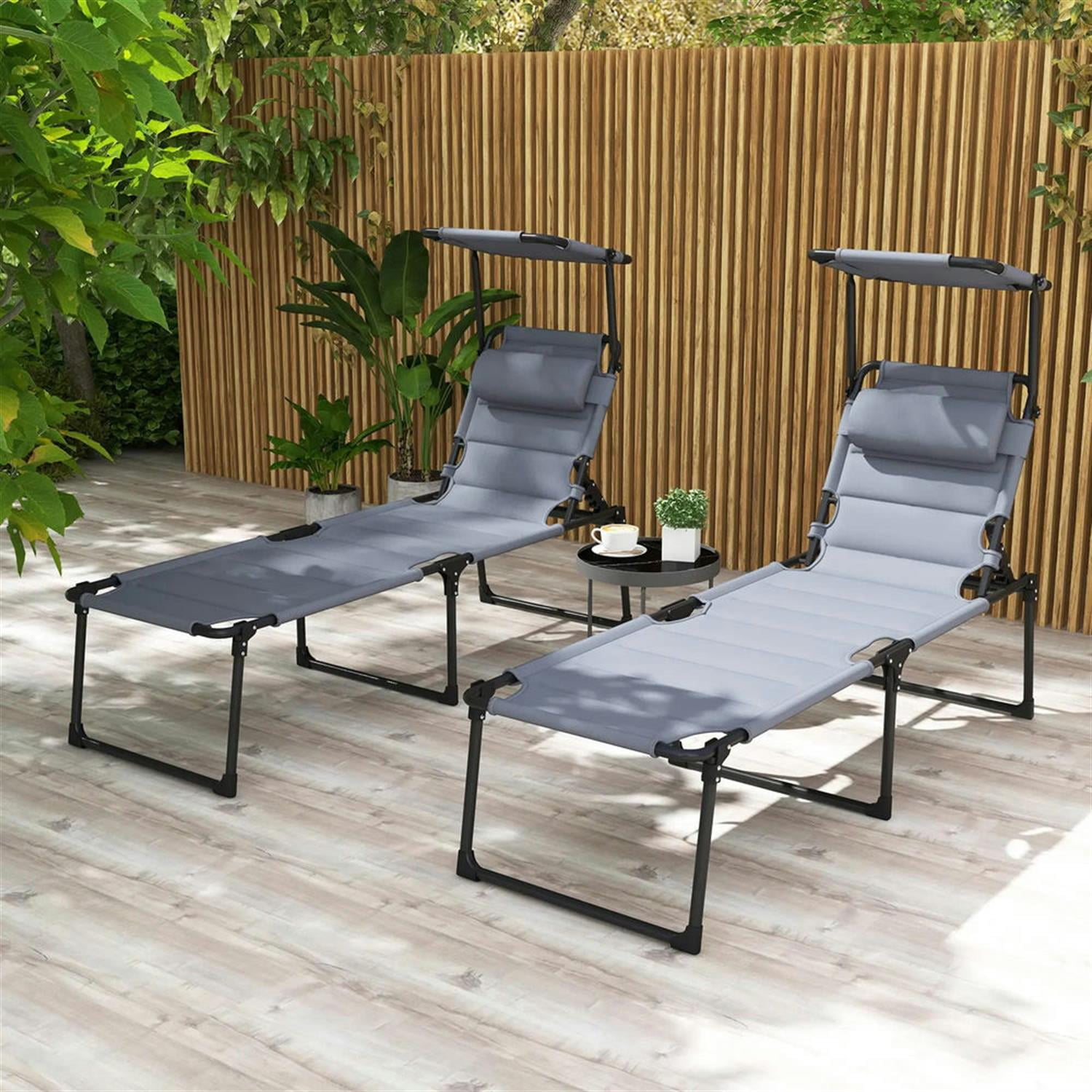 Demi Bonn 2-Piece Outdoor Folding Lounger Chair with 4-Position Backrest, Comfortable Cushions & Sun Canopy for Beach, Yard, Patio, Gray