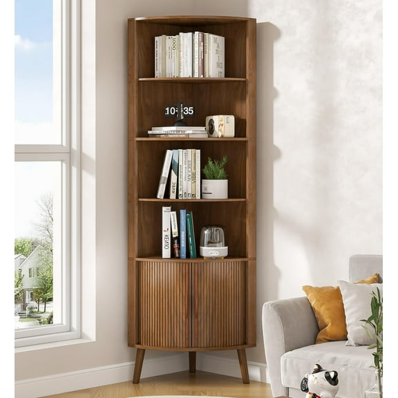 Modern Corner Cabinet, 66.7" Tall Bathroom Storage Cabinet with 2 Fluted Doors & Shelves for Kitchen, Living Room, Walnut