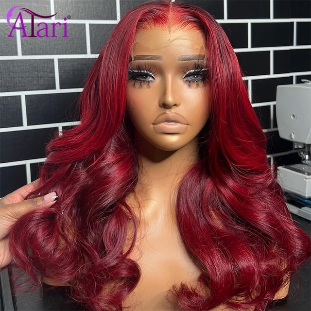 Peluca de cabello humano liso con cierre Frontal, postizo de encaje Frontal de 13x4, color rojo ombré, corte recto brasileño, prearrancado, 5x5