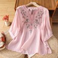 thumbnail image 3 of Perfectbot Women's Linen Blend Blouse 3/4 Sleeve Notch Neck Boho Floral Embroidery Loose Top for Vacation Work, 3 of 8