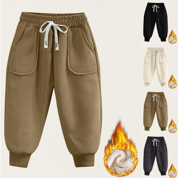 Dianli Cargo Pants for Kid Winter Kids Pants Elastic Waist Warm Pants Thickened Plush Interior Solid Color with Side Pockets Long Pants for Boys Girls Cold Weather Loungewear