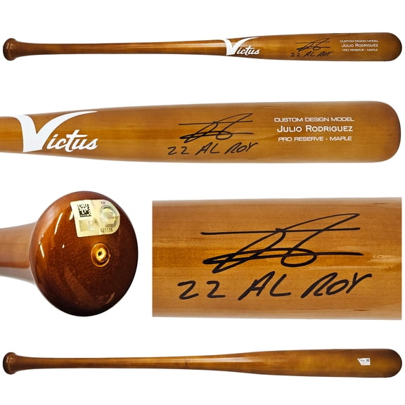 Julio Rodriguez Autographed Brown Victus Pro Reserve Maple Bat Seattle Mariners "22 AL ROY" Fanatics and MLB Holo 220500