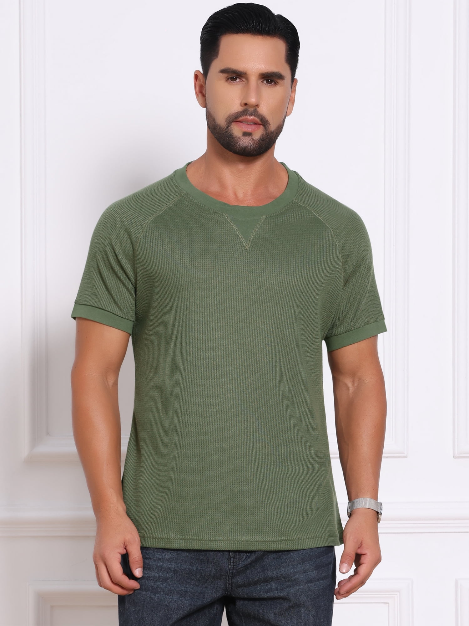 DARING DIVA Men's Waffle Fabric Classic Crew Neck Raglan Short Sleeves 2XL Olive Green