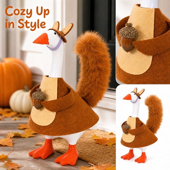 7 Inch Fall Porch Goose Outfit with Squirrel Tail and Hat, Brown Set for Outdoor Yard Decoration, Accessories Only (Goose Not Included)