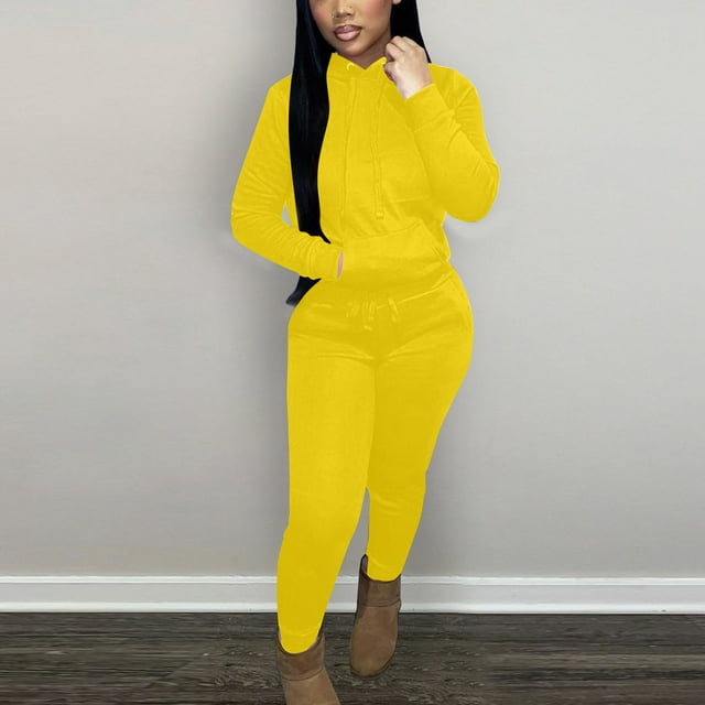 JMKQLZ Women's Solid Color Sports Casual Comfortable Fashion Plus Velvet Drawstring Hooded Two-piece Set