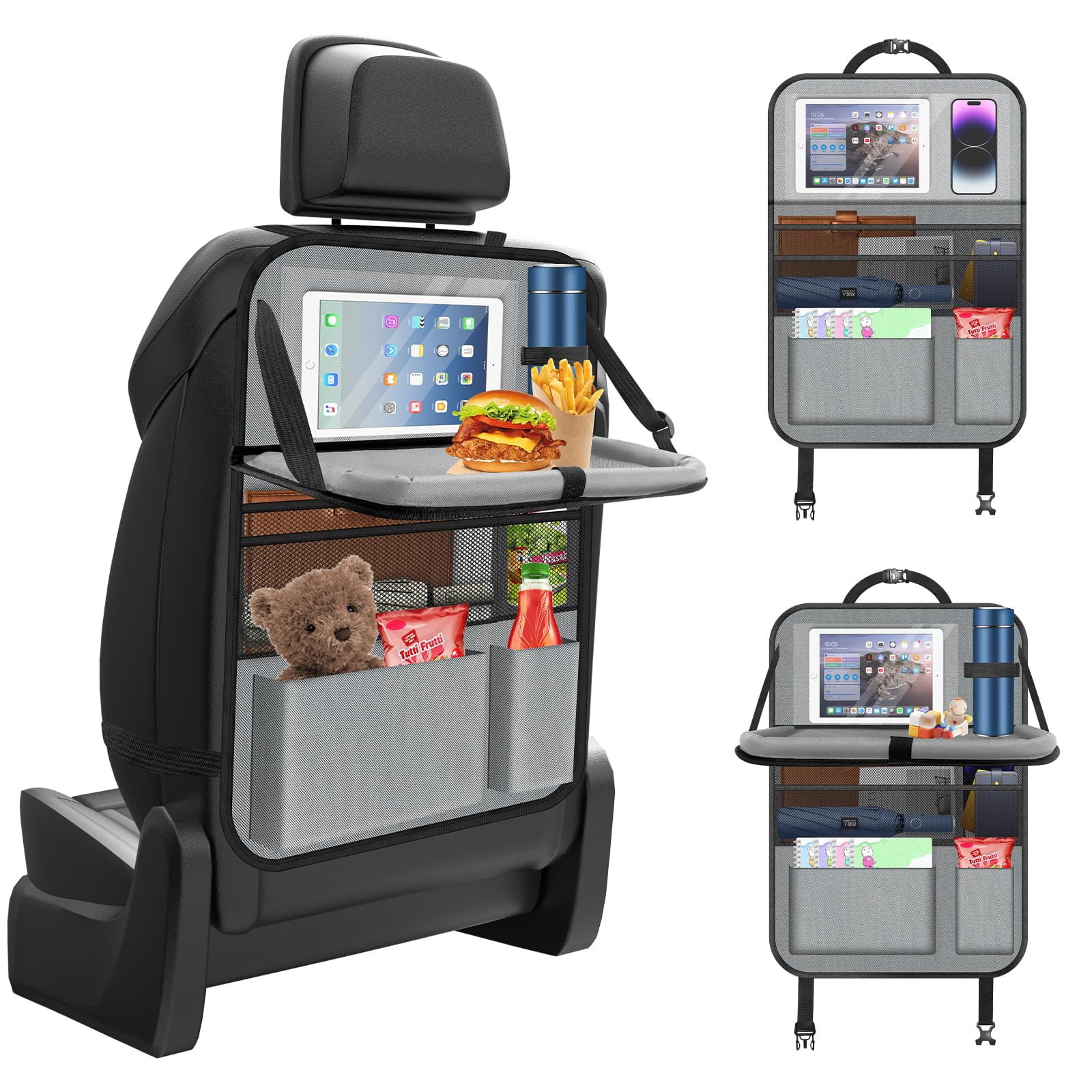 2-Pack Car Backseat Organizer with Table Tray,Supports up to 22 lb,9 Storage Pockets with Touch Screen Tablet Holder,foldable Food Tray, Protective Kick Mats,Travel Accessories Organizer,Gray