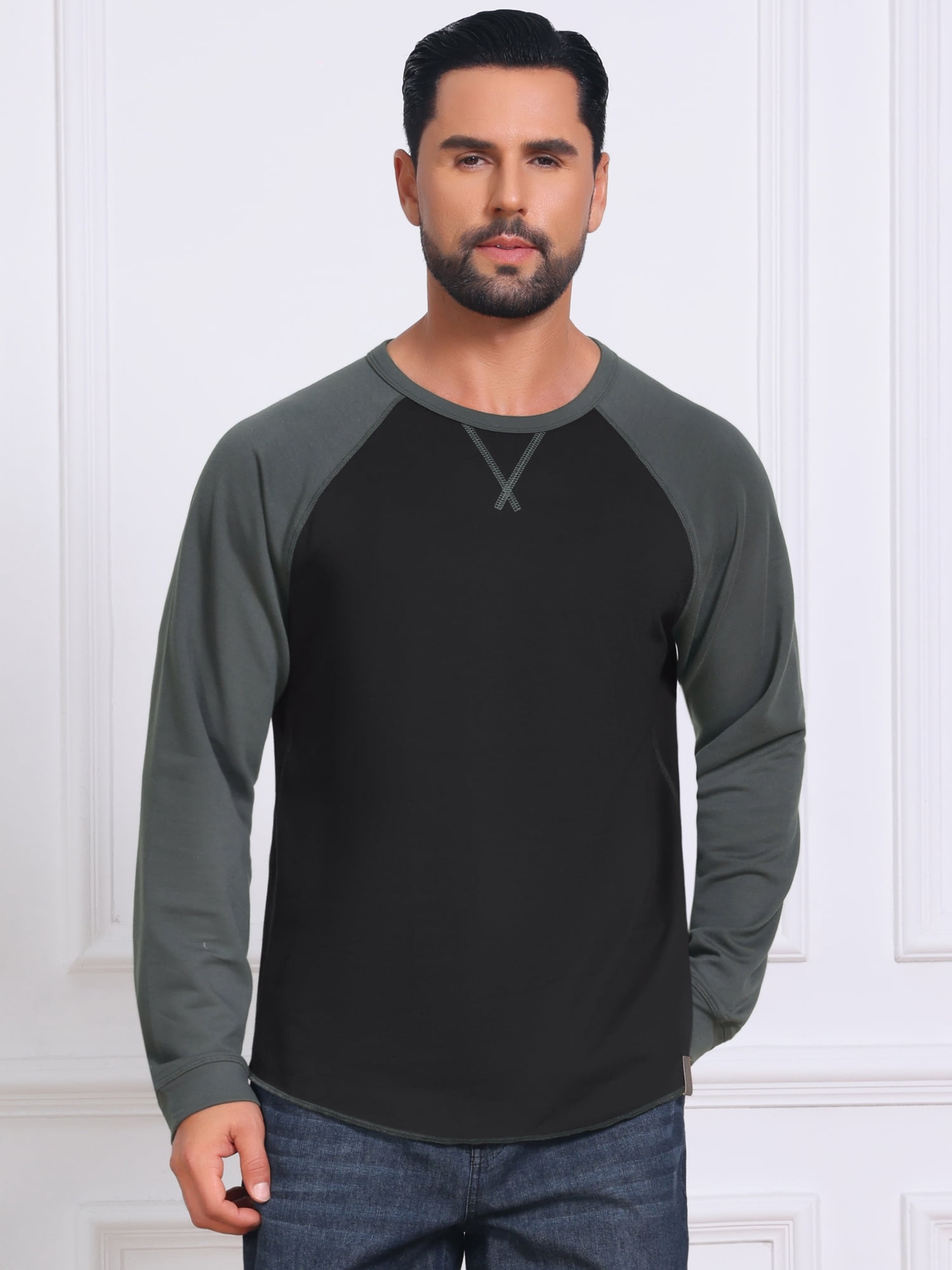 DARING DIVA Men's Long Sleeve Color Block Casual Raglan T-Shirt S Gray Black