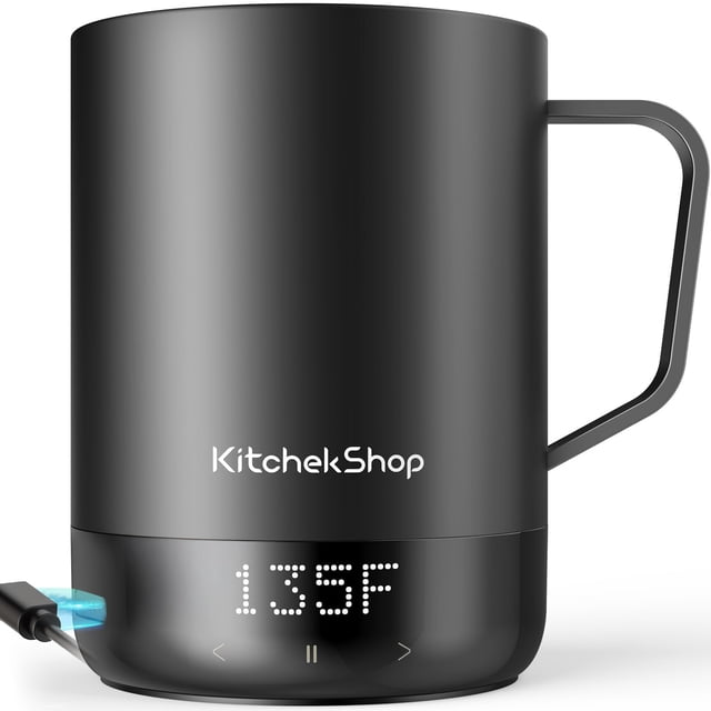 KitchekShop 14oz Smart Coffee Mug Warmer - Self-Heating Mug with App Control, 150℉ Temperature Control, 150-Min Battery, Rec