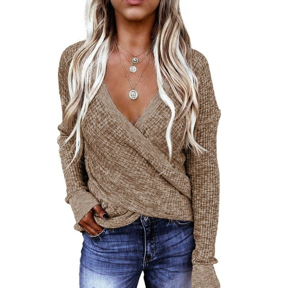 Asyoly Womens Wrap Cable Knit Sweaters Long Sleeve Sexy Deep V Neck Solid Color Asymmetric Hem Elastic Cuff Elegant Pullover Casual Jumper Tops