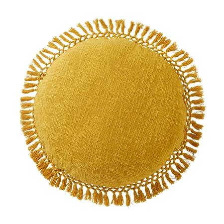 Indigo Ink Tufted 20  Gold Boho Round Cotton Decorative Pillow with Tassels