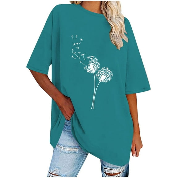 WREESH Women's Oversized T-Shirts Casual Round-Neck Printed Loose Short Sleeve Blouse Blue