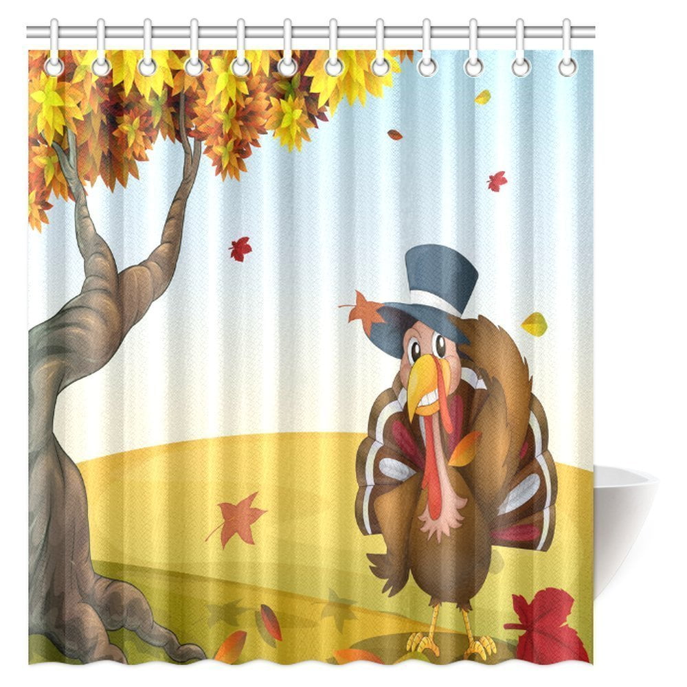 MYPOP Happy Thanksgiving Shower Curtain, Turkey with Autumn Tree