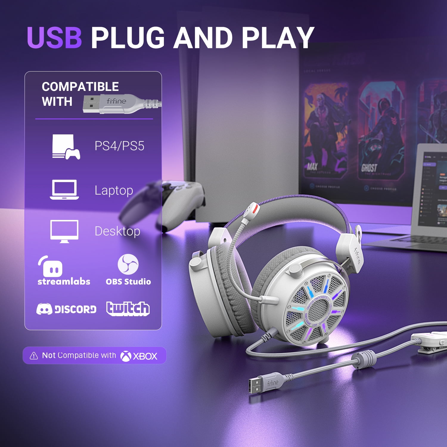 FIFINE Open-Back Gaming Headset for PC Computer, PS5/PS4, Wired Headphones with Noise-Cancelling Microphone, 7.1 Surround Sound, EQ Modes, RGB Lighting, White